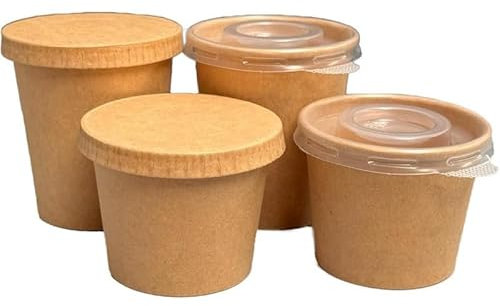 We Can Source It Ltd Kraft Paper Portion Pots Cups Compostable Ramekin Sauce Cups 4oz-Pack of 200-With Clear Plastic Lid
