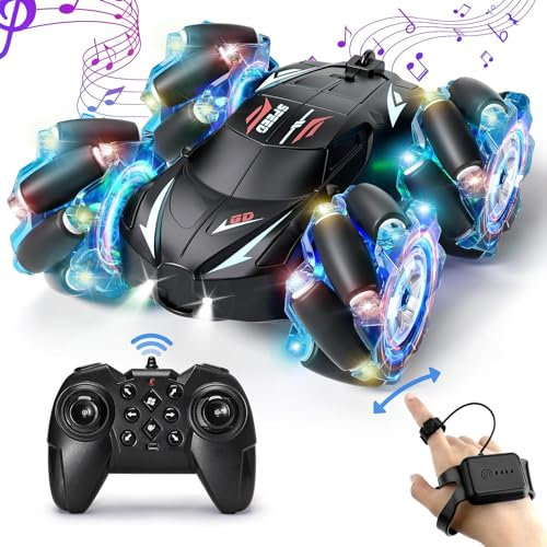 Voiture Télécommandée, Capteur Gestuel Véhicule Cascadeur Tout Terrain pour Enfants 2,4 GHz à 360° avec lumières et Spray pour Les Enfants, Idéal comme Cadeau d'enfant pour Les 6-12 Ans(Bleu)
