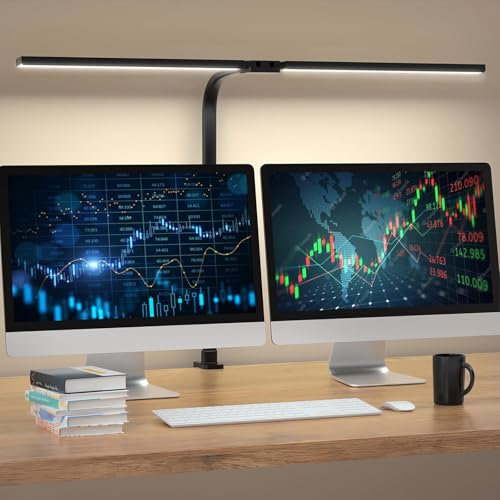 TROPICALTREE LED Schreibtischlampe für Home Office- 24W Doppelkopfscheibe mit Klemme, 5-Beleuchtungsmodi, 11-Helligkeitsstufen, verstellbare Schwanenhalslampe mit Timer-Schwarz