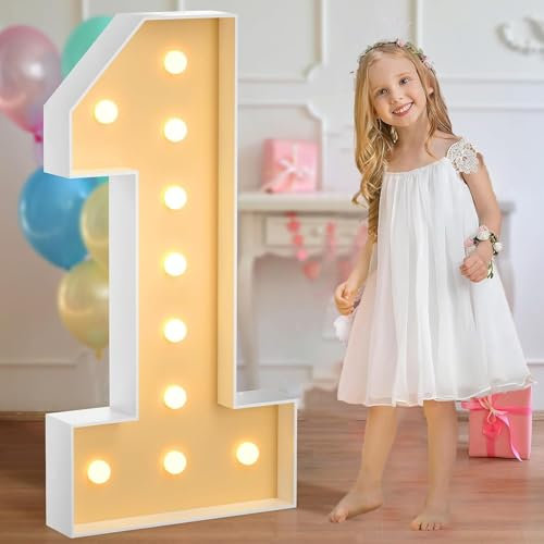 White Marquee Light Up Number 1, Giant LED Light Sign Warm White Glowing Mosaic Light Pre-cut Foam Decor for Birthday Proposal Wedding, 70CM/2.3FT