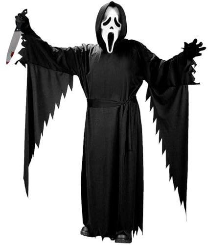 Costume Ghostface, Unisex Costume da Mietitore, Halloween Horror Dress Up,con 1 Scream Ghostface Mask,1 Veste Nera,1 Cintura,2 Guanti e 1 Coltello da Puntello,per Halloween Carnevale Cosplay Feste (L)