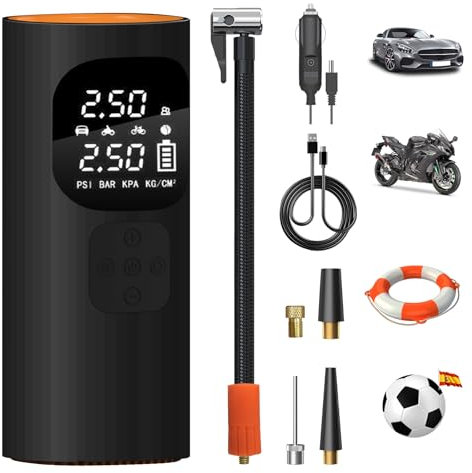 AWESAFE 10000mAh Compresor Aire Portatil 150PSI &Power Bank, Inflador Ruedas Coche Cableado o Inalámbrico con Pantalla LCD Digital y LED SOS, Bomba de Aire Bicicletas, Scooters, Moto, Coche, Pelotas