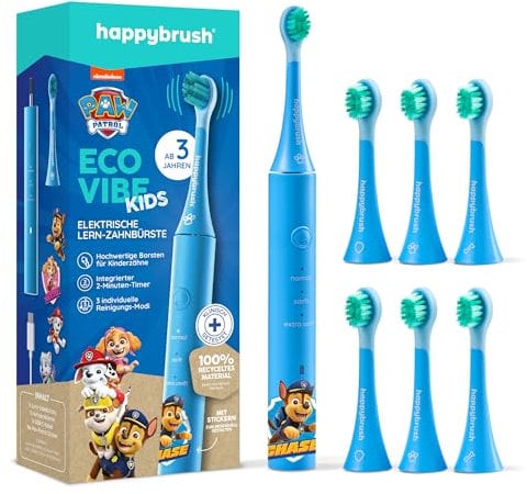 happybrush® Kinder Zahnbürste Elektrisch - TESTSIEGER 2024-100 Tage risikofrei testen - Kinderzahnbürste im Paw Patrol Design - inkl. 3 Aufsteckbürsten - 4 Wochen Power Akku