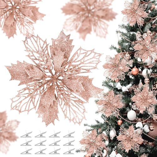 OCTERIC 36 Stück Weihnachten Glitzer Weihnachtsstern Blumen Künstliche Ornamente Glitzer Weihnachtsdekorationen Glitzy Weihnachtsstern mit Clips für Weihnachtsbaum Kränze Hochzeit Ornamente (Roségold)