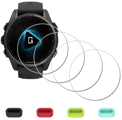 iDaPro [4 Stück Displayschutz für Garmin Fenix 8 AMOLED 43mm schutzfolie + [4 Stück] Silikon Anti-Staub-Stecker,Härtegrad 9H, Anti-Fingerabdruck, Kratzfest,Blasenfrei