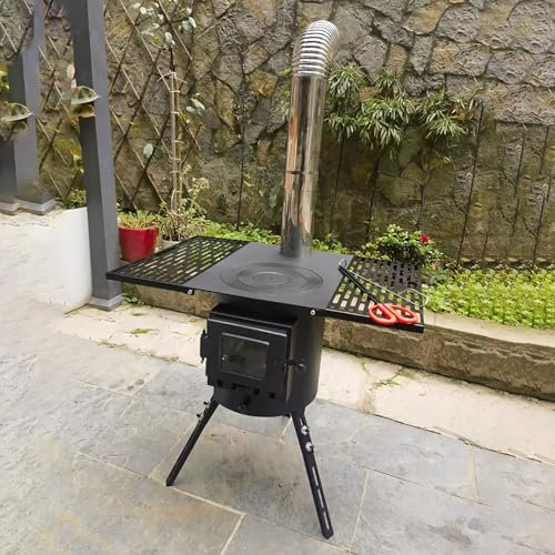 Tent Stove Wood Burning Stove, Steel Wood Camping Tent Stove - Wood Log Burner Stove Cooking Hob or Grill with Two Furnace Rings - Firewood Stove Camping W/Foldable Side Panels