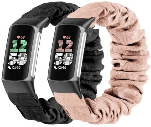 Wizvv 2 Stück Scrunchie Armband kompatibel mit Fitbit Charge 5/Fitbit Charge 6 Armband für Damen Herren, atmungsaktives Dehnbarer Nylon Ersatzarmband für Charge 5/Charge 6