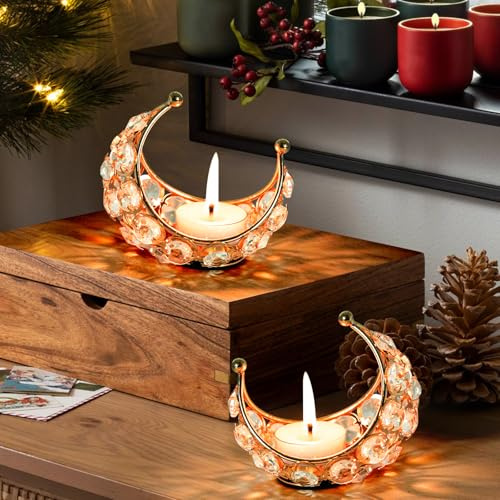 KRIPINC 2 Stück Gold Mond Kerzenständer mit Kristallperlen für Teelichter | Vintage Metall Teelichthalter, Tischdeko, Kerzenhalter für Hochzeit, Dinnerparty, Halloween Weihnachten Ramadan Eid Mubarak