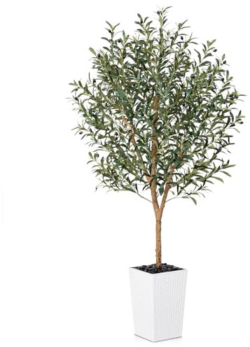 VeriNatural Olivier Artificiel 180cm-Grande Plante Artificielle d'Intérieur et Extérieur, Fausse Arbre avec Pot en Plastique Tressé Blanc&Résistant aux UV-Décoration pour Maison,Balcon,VN133