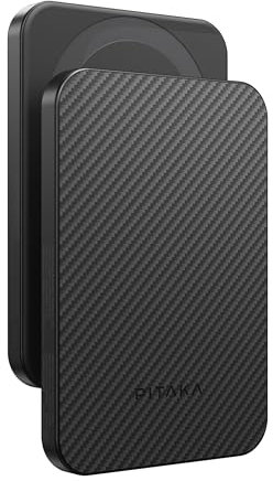 pitaka Magnetische Powerbank 5000mAh Wireless Power Bank aus Aramidfaser Ultradünnes Tragbares Ladegerät USB C Externe Akku Max 15W Schnelles Aufladen für iPhone 16/15/14/13 Schwarz/Grau