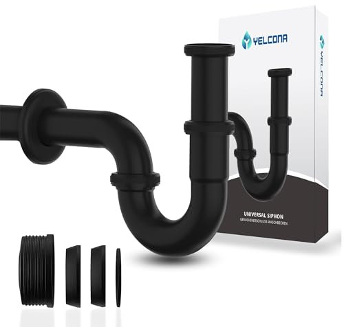 Yelcona Universal Siphon für Waschbecken & Waschtisch - Abflussgarnitur passgenau - Geruchsverschluss inkl. Gummimanschette + Röhrensiphon Ablaufgarnitur (Schwarz Standard 85mm)