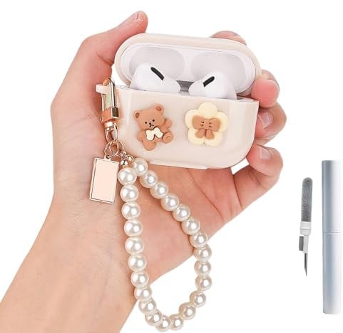 Mrltau süß durchsichtig Schutzhülle für Apple airpods 4 hülle Aesthetic, mit Reinigungsset und Perlen Charms Schlüsselanhänger Armband, Blumen-Bär Design, Cute Case für airpods 4 case