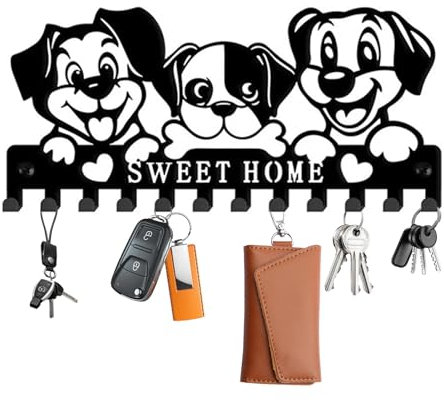 witeup Schlüsselhalter aus Metall, Schlüsselbrett Schwarz mit 12 Haken, Schlüsselhaken Süße Hundemuster,Schlüsselanhänger für Wand Küche, Eingang, Diele, Schlafzimmer, Haustür, Wohnzimmer
