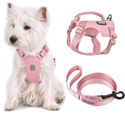 OneTigris Hundegeschirr Kleine Hunde mit Leine(150cm), MINI Trooper Welpengeschirr mit Steuergriff und 2 Abschlepppositionen für Kleine Hunde, Rosa XS