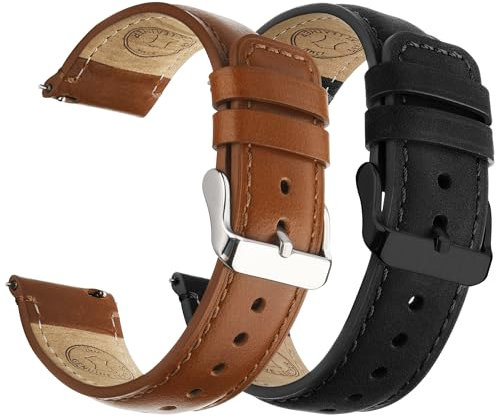 Fullmosa Cinturino in Vera Pelle 22mm 20mm e Sgancio Rapido Cinturini Orologio per Uomo e Donna, 2 Pezzi Pelle Cinturino di Ricambio Compatibile con Smartwatch, Marrone&Nero con Fibbia Argento+Nero