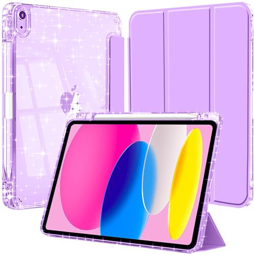 Custodia per iPad (A16) 11ª Generazione 11 Pollici 2025/ iPad 10ª Generazione 2022 con Portapenne, Antiurto Glittering Trasparente Cover Posteriore con Auto Sveglia/Sonno, Viola Lilla