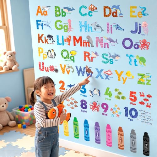 DECOWALL Alphabet & Numbers Wall Stickers Educational ABC 123 Wall Decals for Kids Nursery Classroom Bedroom Sea Animals Theme Peel & Stick (DS9-8093)