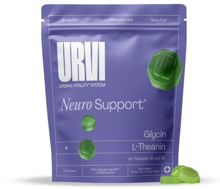 URVI® L-Theanin & Glycin Gummies 4-in-1 – mit Vitamin B1 & B6 für normale Nervenfunktion – Neuro Support – Zuckerfrei, Glutenfrei – Grüner Tee & Apfel Geschmack – 30 Gummies*