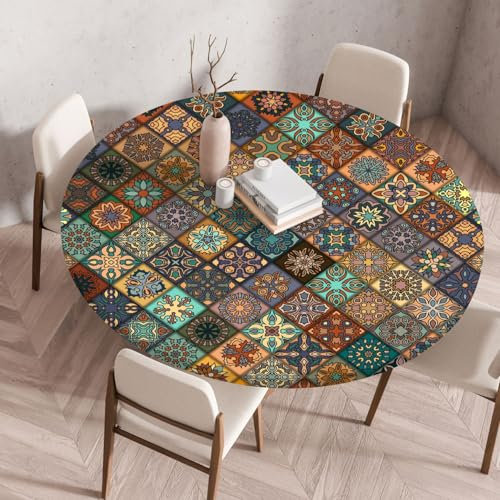 Boho Tischdecke Rund, Outdoor Tischdecke Abwaschbar Rund, Elastisch Gartentischdecke Wetterfest Tablecloth mit Gummizug für Balkon, Garten (Style 1,60cm)