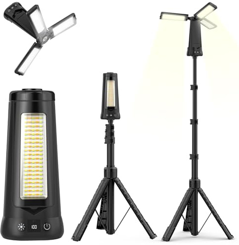 12000mAh Lampada da Campeggio LED Ricaricabile, 5000LM Lampada da Lavoro con Treppiede Estensibile, Dimmerabile & 5 Modalità, Faretto Led da Esterno per Garage Studio Cantieri (Nero)