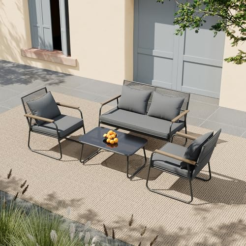 Warmiehomy 4 Seater PE Rattan Patio Conversation Garden Furniture Set | 4-Piece Set, Loveseat, 2 Armchairs, Tempered Glass Coffee Table, with Thick Seat & Back Cushions