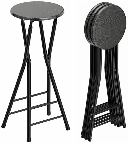 HOMCOM Set 4 Sgabelli Bar Pieghevoli Alti Rotondi con 2 Poggiapiedi Nero | Sgabelli Cucina, Struttura in Legno e Acciaio, Sedie Bar Alte per Penisola