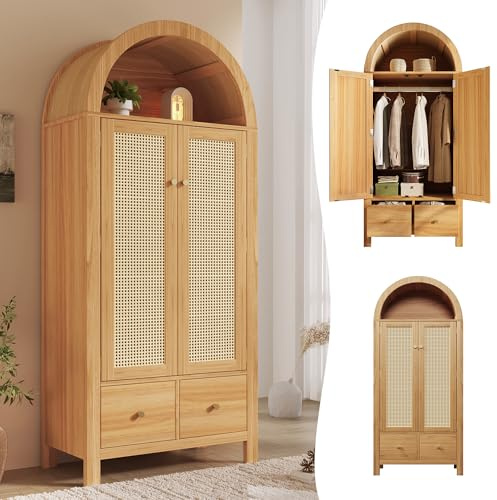 Yihomfy 78x45x181 cm Armoire Chambre 2 Portes, Armoire Penderie avec 2 Tiroirs, Armoire Penderie Chambre, Tressage en Rotin, Etagère Semi-Circulaire Ouverte, pour Chambre à Coucher (Naturel)