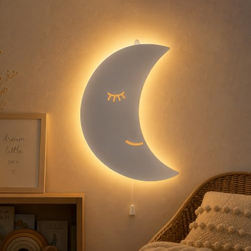 Moon Nursery Wall Light Battery Powered LED Night Light Pull Cord | Battery Powered | Pull Cord Switch | Warm White Glow | Nursery Decor | Wall Mounted | 25cm Moon Design