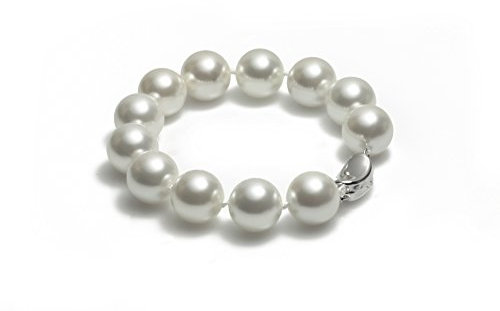 Schmuckwilli Perlenarmband für Damen & Mädchen - 20cm Länge mit 14mm großen weißen runden Perlen - Elegante Armband mit Muschelkernperlen MK Perlen für jeden Anlass - die Perlenarmreife für Frauen