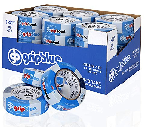 GripBlue Multi-Use Blue Painters Tape 1.5 Inch (1.41/36mm) X 60 YDs | Premium Crepe Paper Masking Tape for Multi-Surfaces.