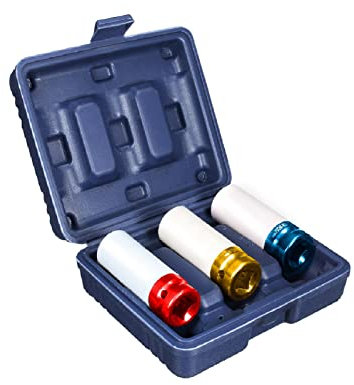 KingSaid Kraft Steckschlüssel Satz Antrieb 1/2 Zoll SW 17/19/21 mm 3 tlg Alufelgen Nuss Schlagschrauber Nüsse Kraft Schoneinsätze Schonnüsse lange Ausführung in praktischem Behälter für Radmontage