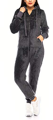 Crazy Age Damen Jumpsuit aus kuscheligem Teddy Fleece | Overall | Ganzkörperanzug Flauschig |Homewear (CA-J-620 Anthrazit, M~38)