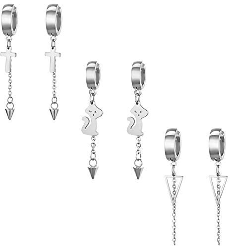Aroncent 3 Paar Damen Ohrringe Creolen Ohrstecker mit Kreuz, Katze, Triangel und Kette Ohrhänger Edelstahl Huggie Ohr Piercing