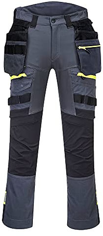 Portwest DX440 Lightweight Detachable Holster Work Trousers Mens Multi Pockets Stretch Safety Workwear Cargo Combat Pants with Free Knee Pads Metal Grey, 34