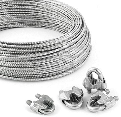 DQ-PP Stahlseil SET 1 | 8mm 6x19 weich | 10 Meter | Stahl verzinkt | 4x Seilklemmen Bügel 8mm | Drahtseil für Rankhilfe Seil Draht Forstseil