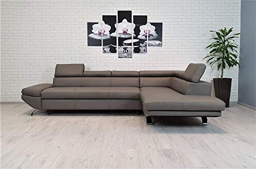 Quattro Meble Graues Echtleder Ecksofa Varsovia 305 x 193 Sofa Couch mit Kopfstützen Echt Leder Eck Couch Leder Toledo (Ecke Rechts 305 x 193 cm)