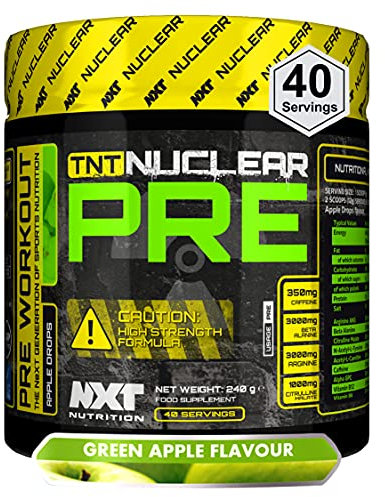 NXT Nutrition TNT Nuclear PRE Workout – 4 in 1 Energy Drink with Citrulline, Beta Alanine, Arginine AKG, Vitamin B, Caffeine for Insane Energy, Muscle Pump, Endurance and Focus - 240 Gram, Apple