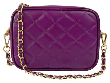 Parubi, Borsa Donna a Tracolla, In Vera Pelle Trapuntata, Made in Italy, Modello Nora, Borsetta Matelassé Piccola con Catena Pochette a Tracolla Clutch Da Donna Ragazza Elegante, Viola Porpora