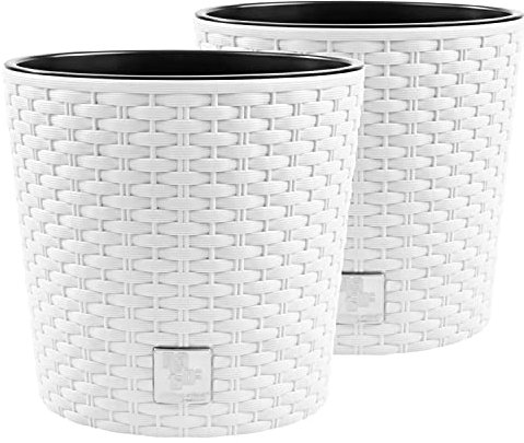 PAFEN RATTO Lot de 2 pots de fleurs en plastique, aspect rotin, avec insert, blancs, diamètre : 20 cm