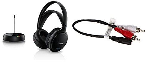 Philips SHC5200/10 Casque TV Sans Fil, Casque HiFi Noir & Goobay Câble Adaptateur Audio, Prise Femelle 3.5 mm vers Prise Mâle Cinch, Noir, 0.2m Longueur de Câble