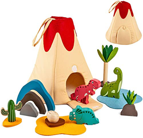 alles-meine.de GmbH 14 TLG. Set - Spielwelt Dinosaurier - Vulkan bespielbar/Dino - Holzfiguren - Spielzeug Set Welt - Holztiere - Spielset - Spielewelt - Figuren Tyrannosauru..