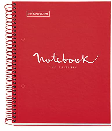 Miquelrius - Notizbuch A5 Notebook, 1 farbiger Streifen, 80 Blatt mit raster 5 x 5 mm, Papier 90 g/m² mikroperforiert mit 2 Bohrungen für 2 Ringe, Einband aus Karton, Farbe Rot