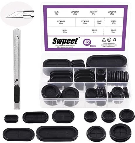 Swpeet 42pcs 2 Typen 10 Größen Doppelseitige Runde und Ovale Gummi Grommet mit 1pcs Handwerk Messer Sortiment Kit, Loch Stecker Bohrloch Grommets Synthetischer Draht Schutz für Draht Kabel Draht
