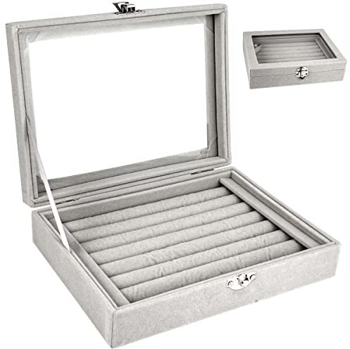 Ring Aufbewahrung Ring Organizer, Samt Ringkasten Schmuckkasten Aufbewahrungsbox Grau, Schmuckkasten für Ringe mit Glas Deckel & 7 Schlitze, für Ringe, Ohrringe, Broschen(20 x 15 x 5cm