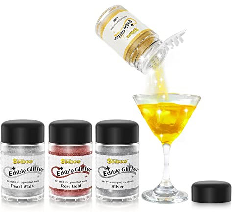 Essbarer Glitzerstaub für Getränke 4 Farben: SIMEKKO Lebensmittelechter, Essbarer Glanzstaub für Torten, Getränke, Erdbeeren und Fondant, Vegan & Zucker & Gluten frei (3 Gramm pro Flasche)