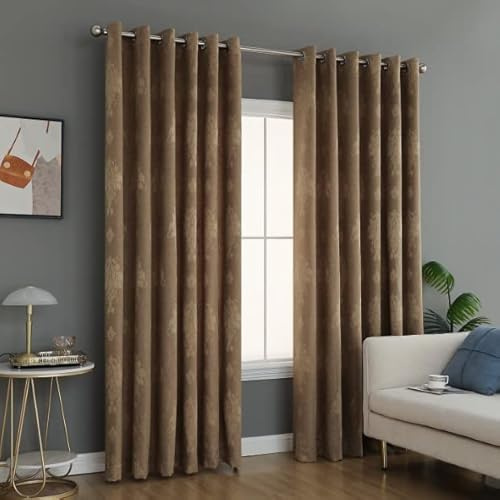 PRIME LINENS Curtain for Living Room Ring Top Jacquard Fully Lined Modern Panels Eyelet Curtain for Bedroom Window with 2 Free Tie Backs (Coffee, W 90 x L 108)