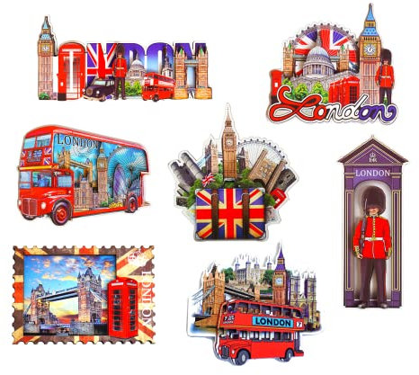 Wooden Magnets for Refrigerator - Set of 7 London England Famous Icons Pictures Wooden Fridge Magnets