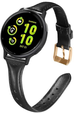 WoPail Leder Armband 20mm für Garmin Forerunner 570 42mm/Vivoactive 6/Forerunner 165 Music/Vivoactive 5/vívomove Trend Ersatzarmband Damen Schlank und Leicht Armbänder für Venu Sq 2 Schwarz