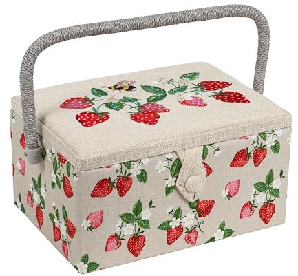Hobby Gift Costurero mediano exclusivo, caja de almacenamiento para manualidades, bandeja para accesorios, alfiletero, mango de PVC, 18,5 x 25,5 x 14,5 cm, Fresas Bordadas