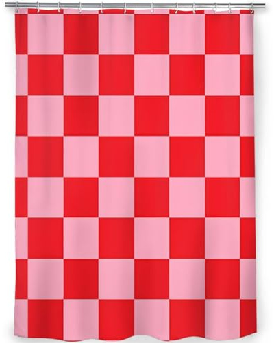 Duschvorhang aus Polyester 180x220cm Karierte Rosa und Rote Anti-Schimmel Stoff Badevorhang Waschbar Wasserdicht Abstrakt Ombré Duschvorhänge für Badezimmer Badewanne mit 12 Duschvorhängeringen